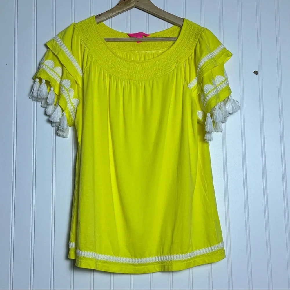 Lilly Pulitzer Nailah Tassel Sleeve Lillys Lemon Pima Cotton Women's Top Sz M - Picture 5 of 9